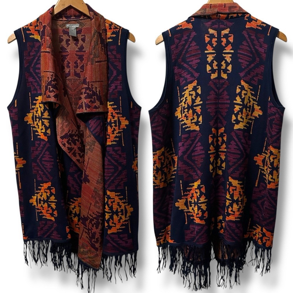 New Directions Weekend Tribal Fringe Knit Vest‎ Boho Western Women's XL